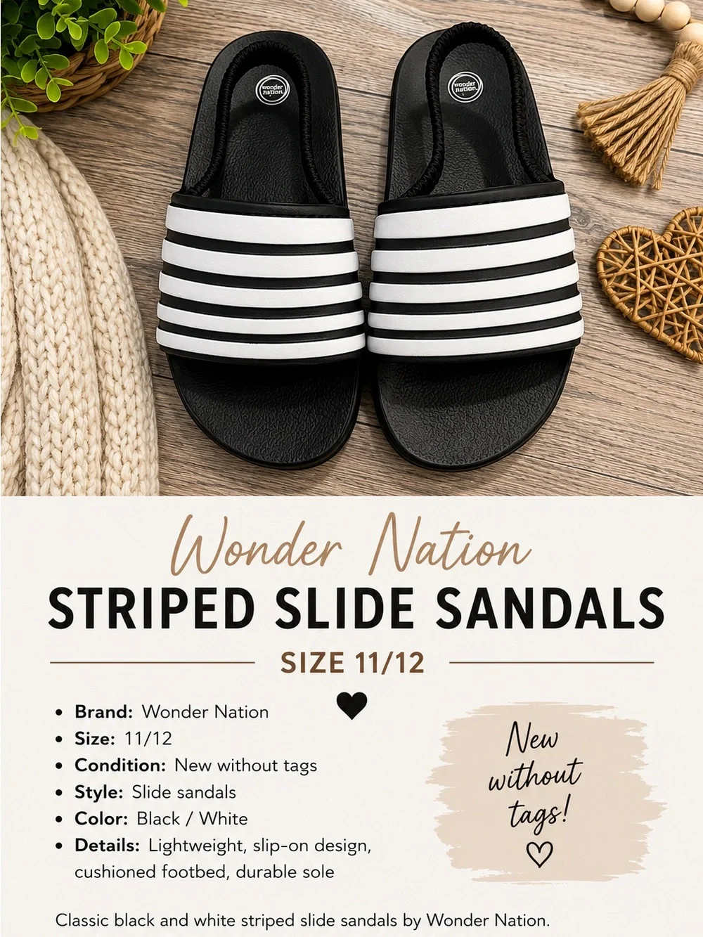 wonder nation Black and White Striped Slide Sandals